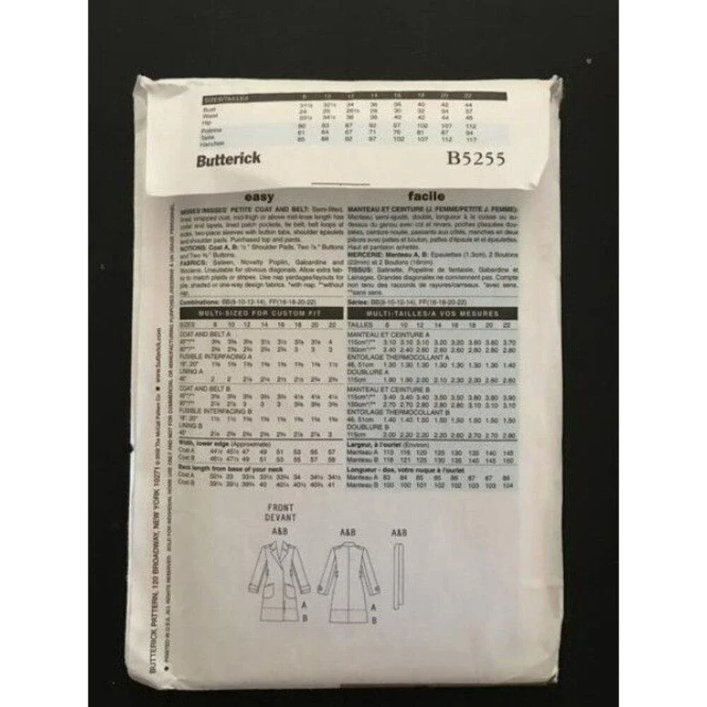 #B5255 Butterick womens coat pattern 16-22